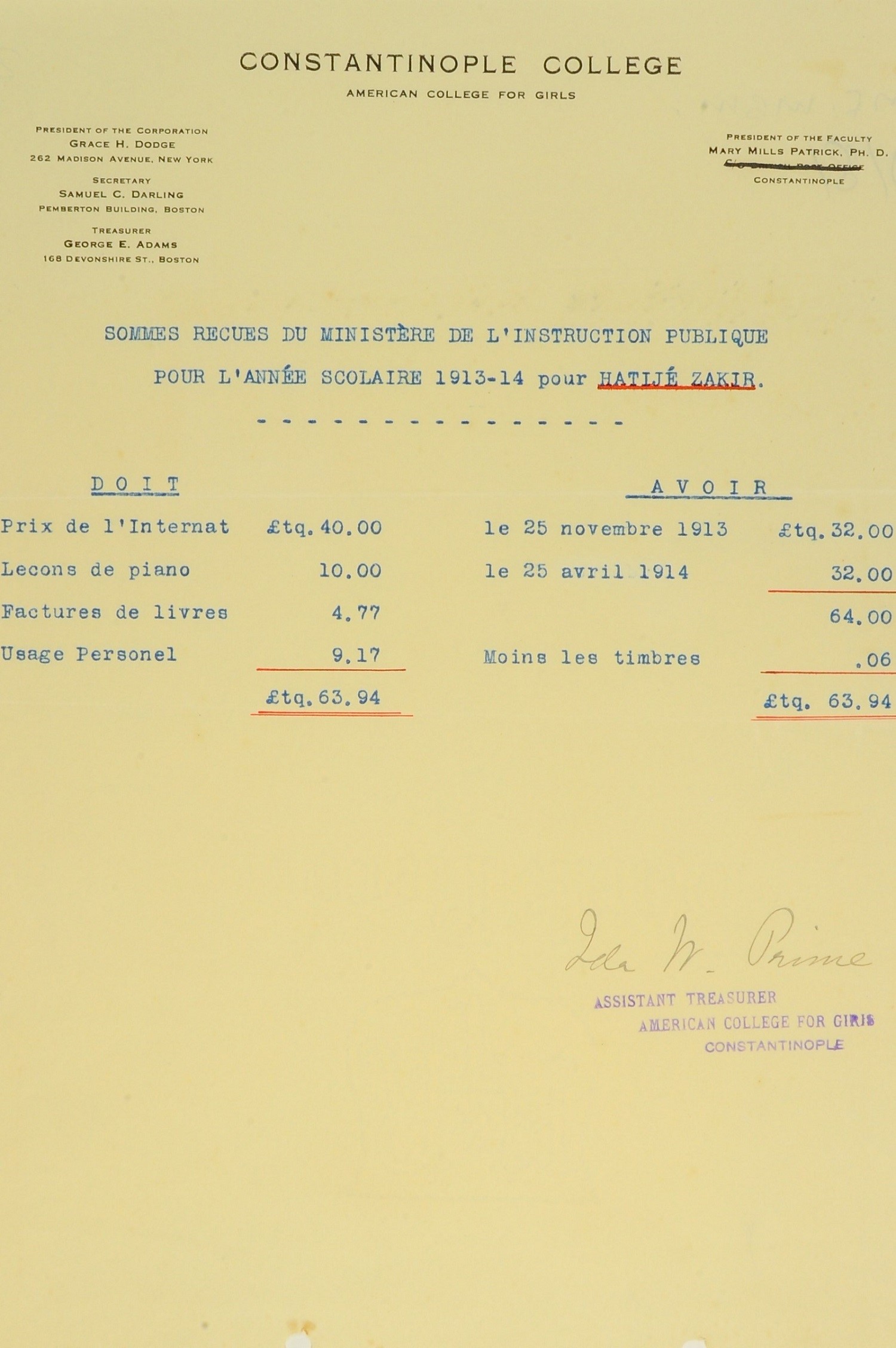 Amerikan Kız Koleji öğrencisi Hatice Zakir’e ait dosya ve okul tarafından Maarif Nezareti’nden 1913-1914 akademik yılında öğrenci için alınan meblağları gösteren cetvel