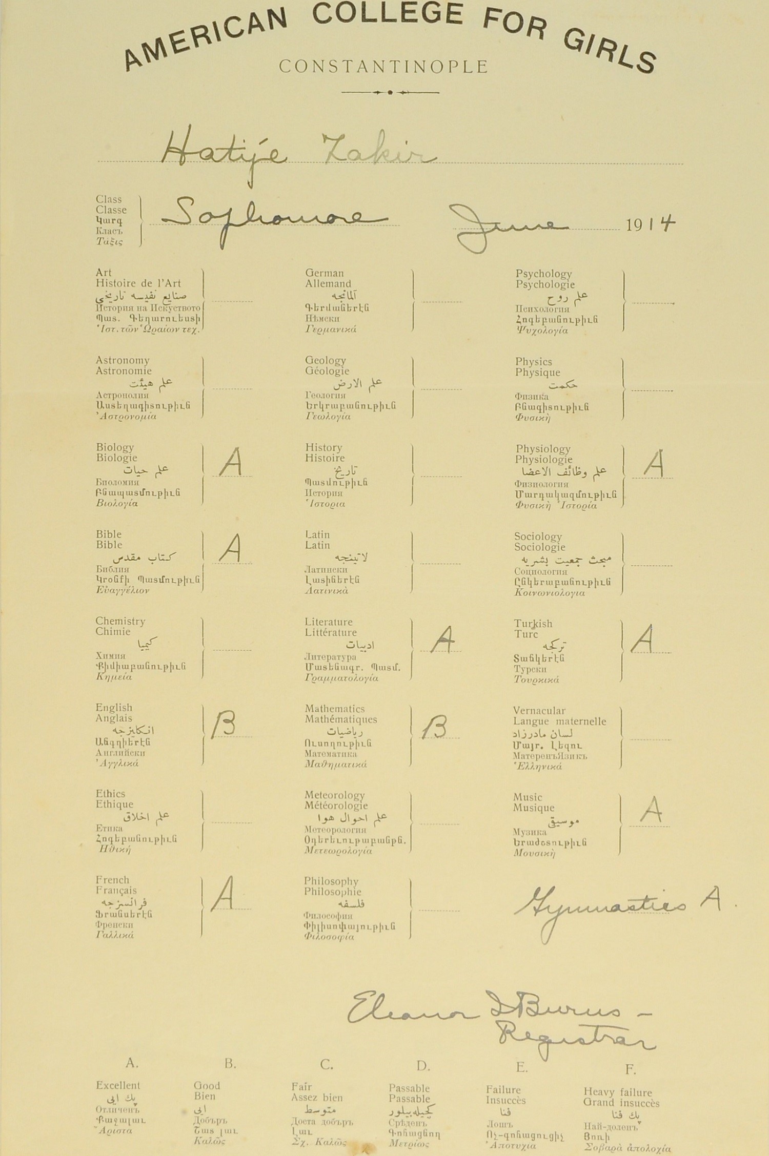 Hatice Zakir’s second year report card, American College for Girls, 1914