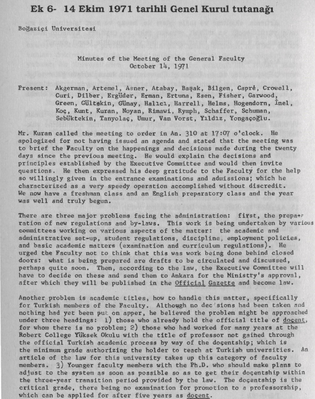 Boğaziçi Üniversitesi, Genel Kurul Toplantı Tutanağı, 14 Ekim 1971 