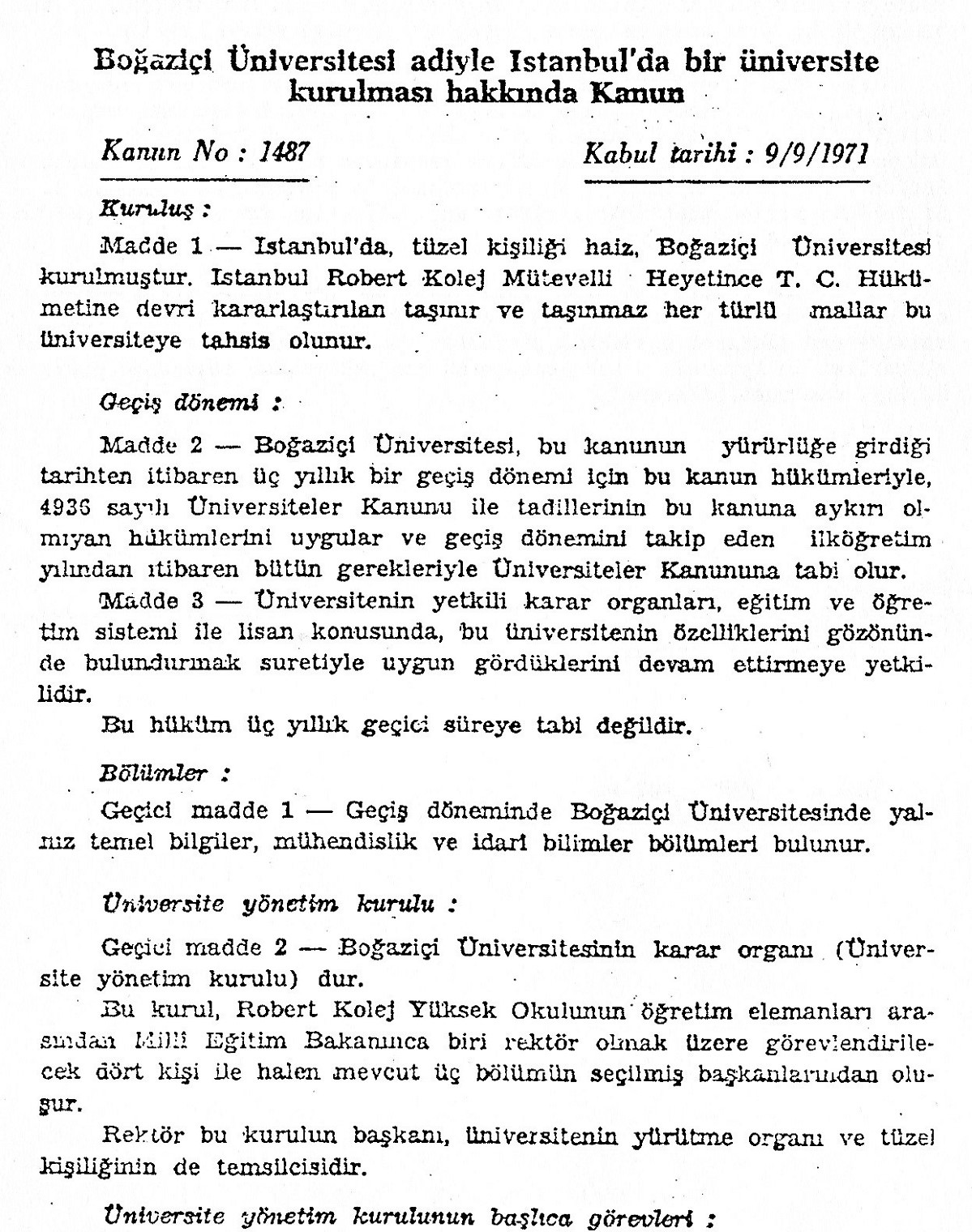 Boğaziçi Üniversitesi’nin kuruluşuna dair Resmi Gazete haberi, 9 Eylül 1971