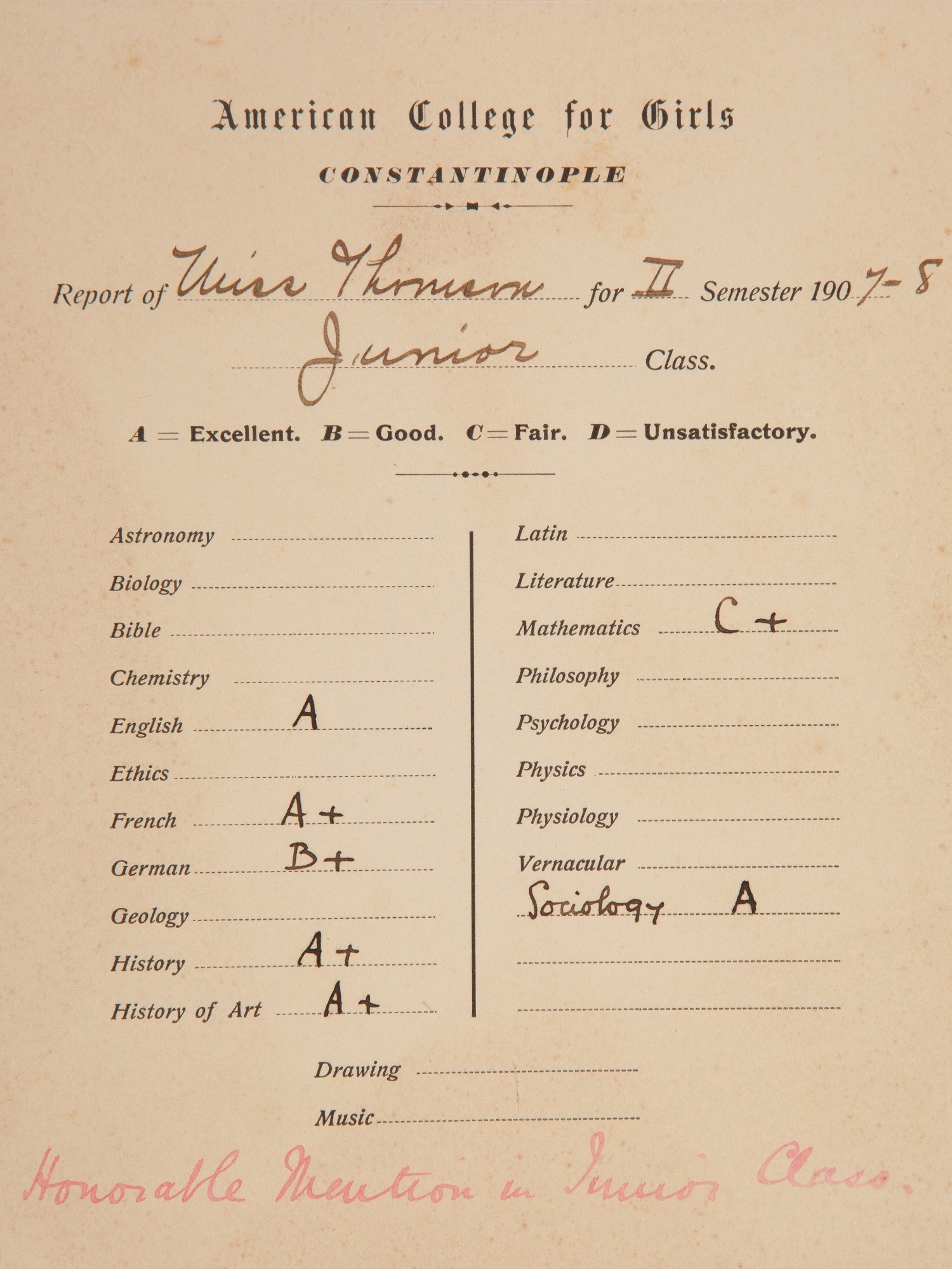 Report Card of Eveline Thomson dating from 1907-1908, American College for Girls 